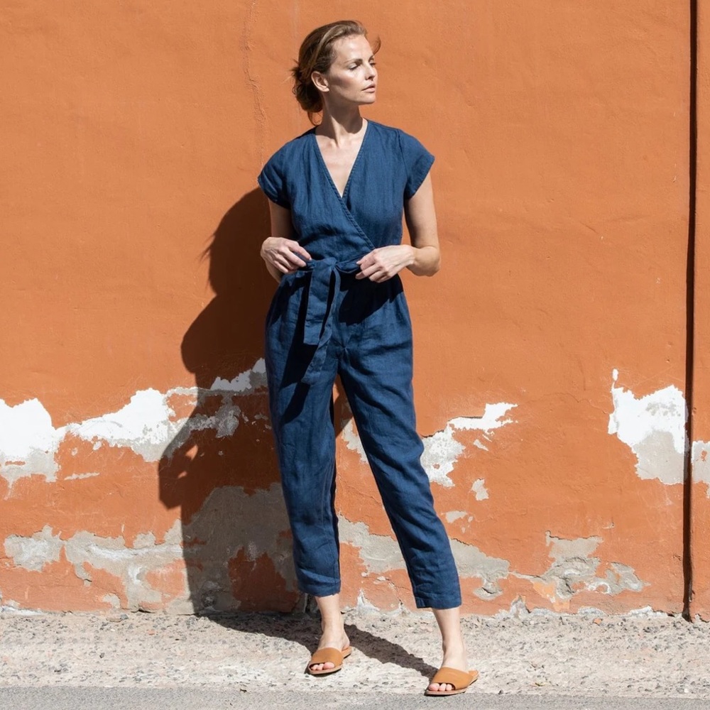 🦋Not Perfect Linen Margaret Wrap Linen Jumpsuit in Dark-Grey-Blue